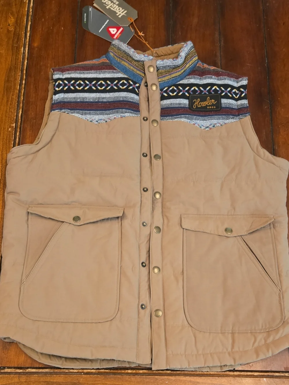 Howler Brothers Tan Vest with Multicolor Patterned Yoke